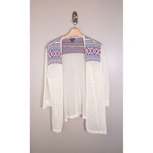 Eddie Bauer Linen Blend Open Knit Cardigan Women's 2X Boho Crochet Coastal Beach